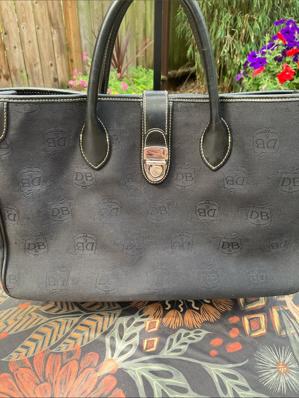 Dooney & Bourke Black DB Monogram Signature Canvas Double Handle Tote